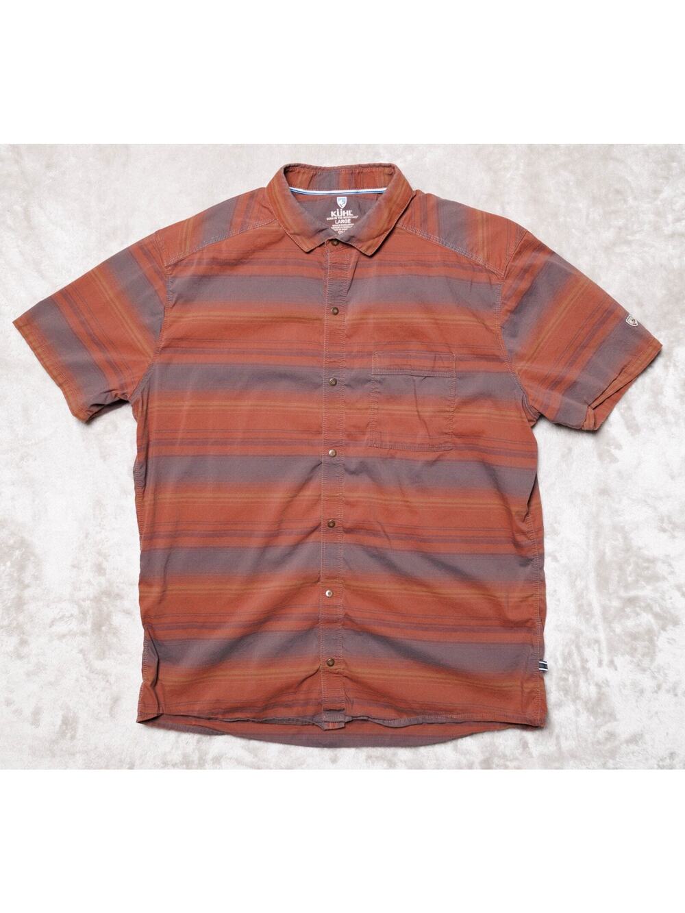 Kuhl Intriguer Red Burgundy Gray Stripe Button Down Short Sleeve Shirt Mens L